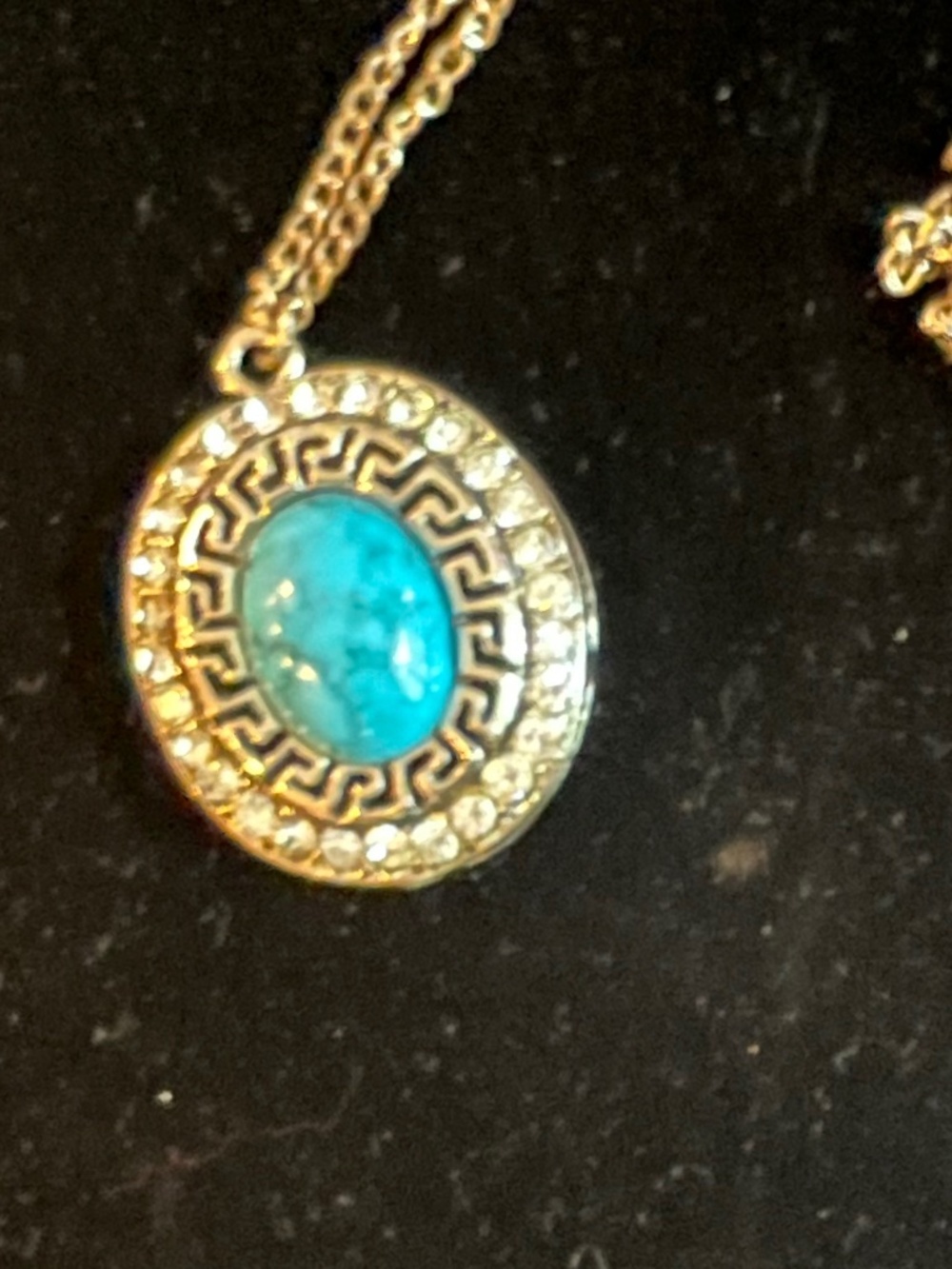 Greek Key Necklace Oval Turquoise Center Stone w 28 Crystals 12" Silver Chain - Picture 3 of 6